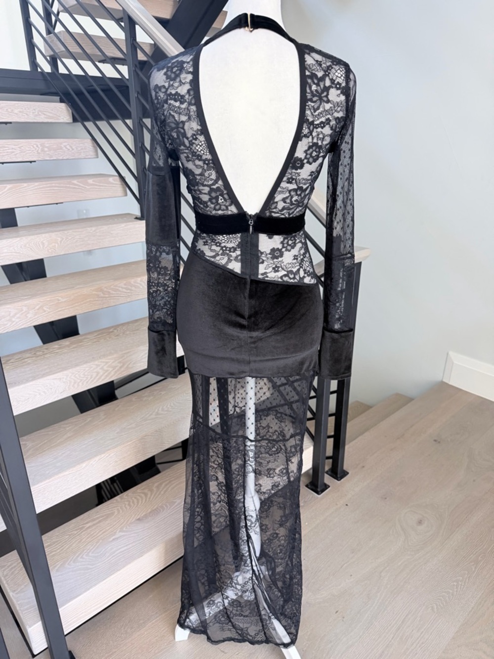 Sheer Panel Black Evening Maxi Dress with Deep V and Open back size XS - Picture 10 of 15